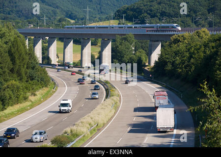 Europe, Germany, Rhineland-Palatinate, high-speed train ICE 3 on the high-speed line Frankfurt on the Main to Cologne at the Aut Stock Photo