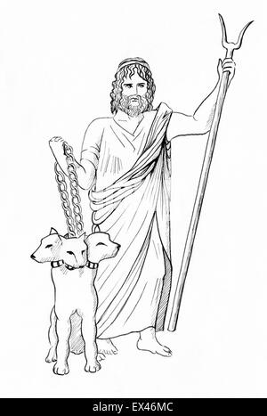 Line drawing of Pluto Hades Dis god of the underworld with Cerberus. Stock Photo