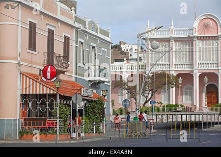 Colonial buildings and the Palácio do Governador / Governor's Palace in city Mindelo on the island São Vicente, Cape Verde Stock Photo