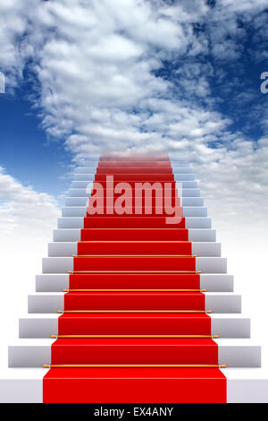 3D rendering of the Red carpet on stairs to heaven Stock Photo