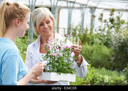 Woman Asking Staff For Plant Advice At Garden Center Stock Photo