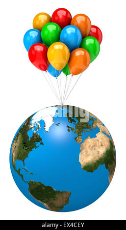 Bunch of Balloons Holding Up the Earth Planet on White Background 3D Illustration Stock Photo