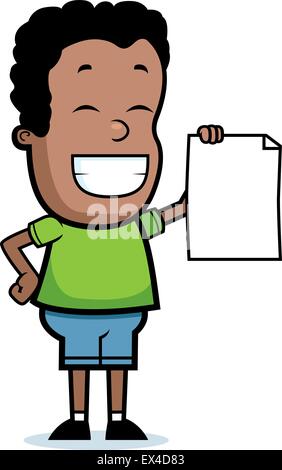 A happy cartoon child proudly holding a piece of paper. Stock Vector