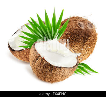 Coconuts with milk splash and leaf isolated on white background. Stock Photo