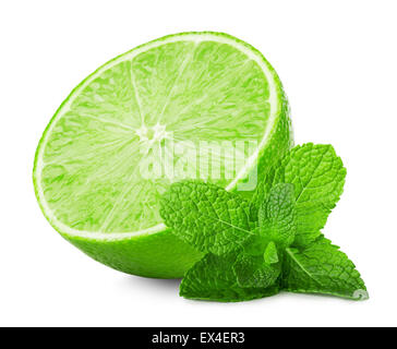 lime slice with mint leaves isolated on the white background. Stock Photo