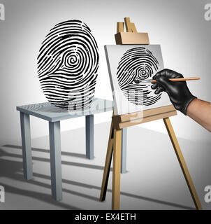 Identity theft concept as a criminal painting a copy of a fingerprint  as a security symbol for ID protection and protecting private data on the internet or personal servers. Stock Photo