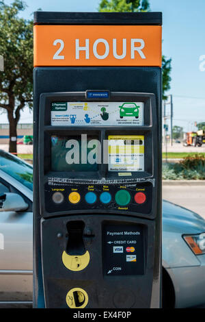 An electronic automated parking meter station in downtown Oklahoma City, Oklahoma, USA. Front view. Stock Photo