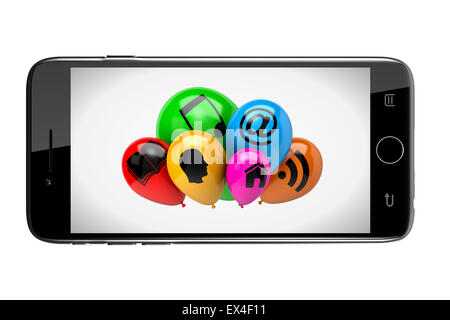 Smartphone Showing a Bunch of Balloons with Icon Symbols on White Background 3D Illustration Stock Photo