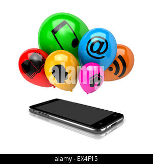 Smartphone and a Bunch of Balloons with Icon Symbols on White Background 3D Illustration Stock Photo