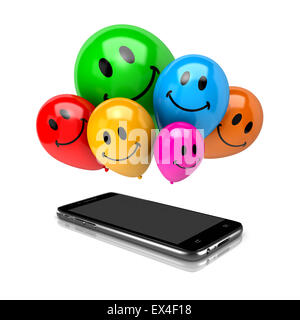 Smartphone and a Bunch of Balloons with Smiling Face on White Background 3D Illustration Stock Photo