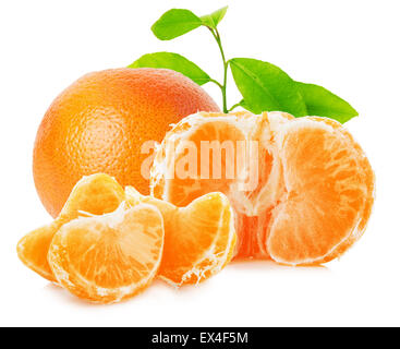 tangerines with leaves isolated on the white background. Stock Photo