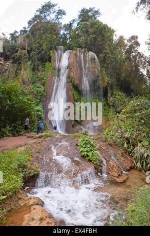 Vertical (2 picture vertical stitch) view of waterfalls in Topes de Collantes National Park in Cuba. Stock Photo