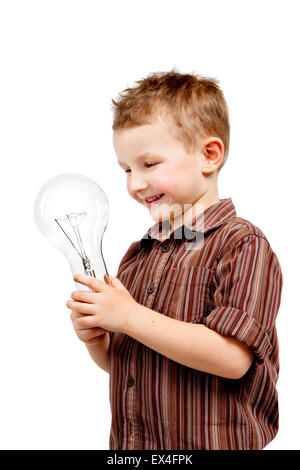 A child holding a large bulb. He is enraged because he did not have any interesting idea. Stock Photo