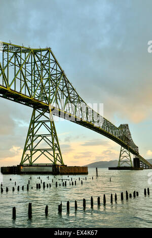 Astoria-Megler Bridge, Columbia River and wood pylons, Astoria, Oregon USA Stock Photo