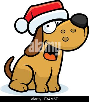 A happy cartoon dog wearing a Santa hat. Stock Vector