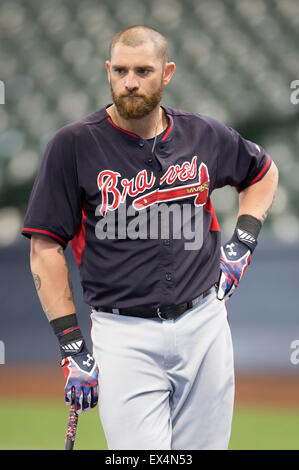 Milwaukee, WI, USA. 7th July, 2015. Atlanta Braves Jonny Gomes #7 during batting practice before the Major League Baseball game between the Milwaukee Brewers and the Atlanta Braves at Miller Park in Milwaukee, WI. John Fisher/CSM/Alamy Live News Stock Photo