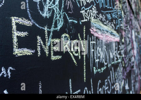 Blackboard signed by festival visitors Stock Photo