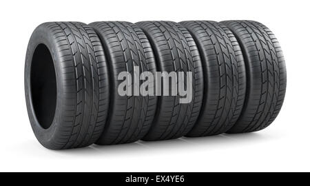 3d rendering of new unused car tires row isolated on white background Stock Photo