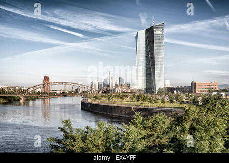 Seat of the European Central Bank, with river Main and skyline in the morning light, Frankfurt am Main, Hesse, Germany Stock Photo
