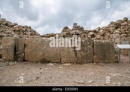 Inscription dating from 1275 at the Nimrod (Namrud) Fortress or Nimrod Castle is a medieval Muslim castle situated on the southe Stock Photo