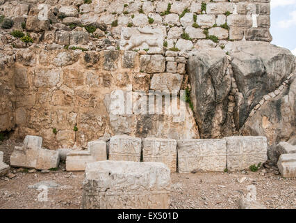 Israel, Golan Heights, remains of the Nimrod Fortress details of the lion bas relief Stock Photo