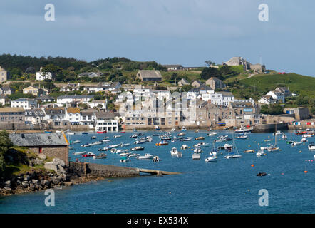 St. Mary's Hugh Town harbour with the lifeboat slipway in the foreground.  Isles of Scilly, Cornwall England. Stock Photo