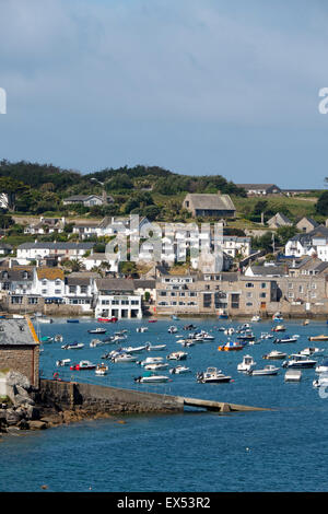 St. Mary's Hugh Town harbour with the lifeboat slipway in the foreground.  Isles of Scilly, Cornwall England. Stock Photo