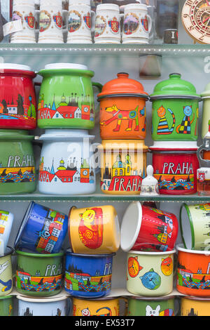Prague market, a display of colourful coffee mugs in Prague's largest market - the Havelske in the Stare Mesto district of the city. Stock Photo