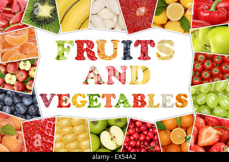 Frame word fruits and vegetables with apple, orange, tomatoes, lemon, banana and strawberry Stock Photo