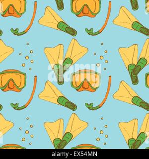 Sketch diving equipment in vintage style, vector seamless pattern Stock Vector