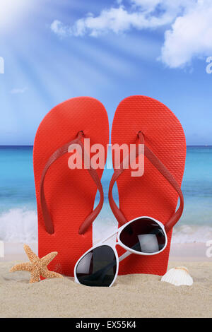 Beach scene with flip flops sandals in summer vacation, holidays Stock Photo