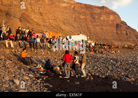 evening drum concert at the black beach Playa de La Calera, Valle Gran Rey, La Gomera, Canary Islands, Spain, Europe Stock Photo