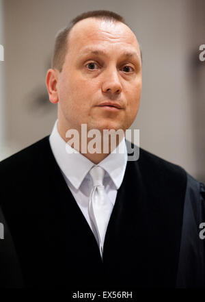 Lueneburg, Germany. 07th July, 2015. First public prosecutor Jens Lehmann poses in a courtroom in Lueneburg, Germany, 07 July 2015. Groening stands accused of 300,000 counts of accessory to murder in the cases of deported Hungarian Jews sent to gas chambers between May and July 1944. Photo: PHILIPP SCHULZE/dpa/Alamy Live News Stock Photo