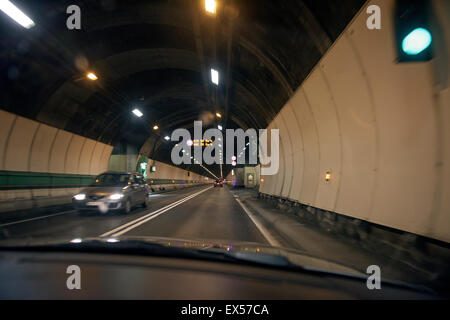 Mont Blanc in France or Monte Bianco in Italy on the French-Italian border at the head of the Aosta Valley in Italy. 6 June 2015 Interior of Mont Blanc Tunnel Stock Photo