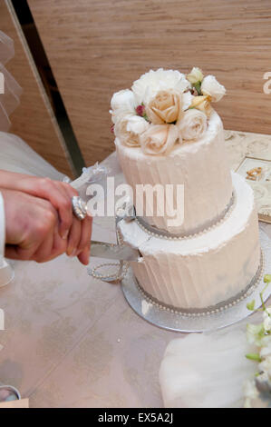 Decorated wedding cake being cut by bride and groom during reception Stock Photo