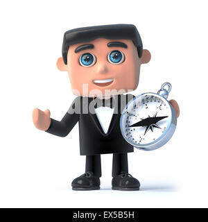 3d render of a man wearing a tuxedo and bow tie holding a compass Stock Photo