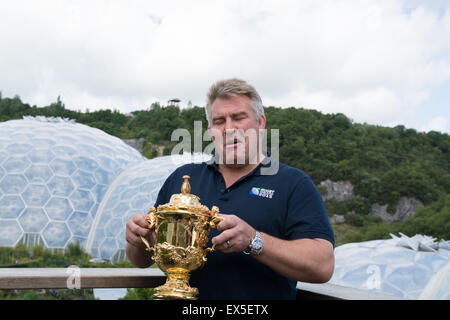 Picture of Jason Leonard , at the eden project with the Web Ellis trophy to launch the Rugby World Cup 2015 in england. Stock Photo