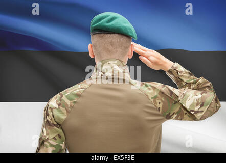 Soldier in hat facing national flag series - Estonia Stock Photo