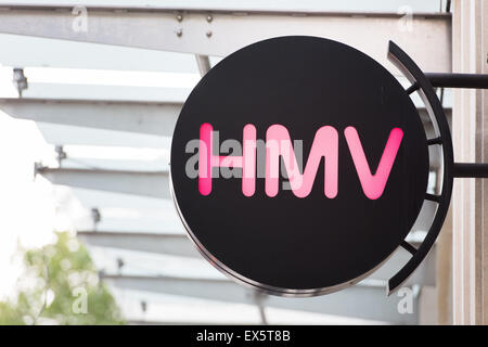 HMV sign on the outside of a store in Cardiff, Wales. Stock Photo