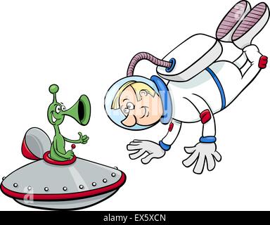 Cartoon Illustration of Spaceman or Astronaut with Alien in Space Stock Vector