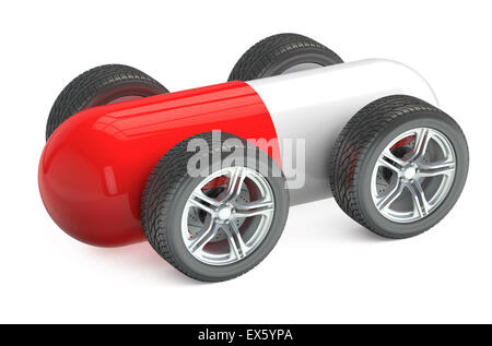 Red Pill on Wheels isolated on white background Stock Photo