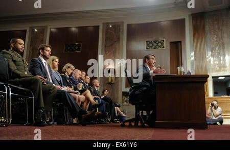 Washington, DC, USA. 7th July, 2015. U.S. Defense Secretary Ash Carter testifies before a Senate Armed Services Committee hearing on anti-IS strategy on Capitol Hill in Washington, DC, capital of the United States, July 7, 2015. U.S. defense chief said Tuesday that execution of the U.S. strategy against the extremist group, the Islamic State, fell short of expectation. Credit:  Bao Dandan/Xinhua/Alamy Live News Stock Photo