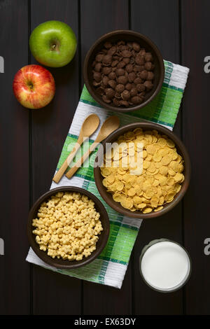 Crispy chocolate and simple corn flakes, and honey flavored breakfast cereal in rustic bowls with apples, glass of milk Stock Photo