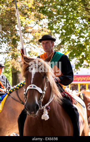 Europe, Netherlands, Zeeland, Walcheren, ring riding in Meliskerke, the rider must skewering a small ring with a lance while gal Stock Photo