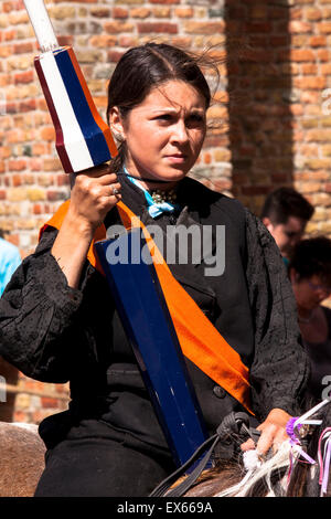 Europe, Netherlands, Zeeland, Walcheren, ring riding in Meliskerke, the rider must skewering a small ring with a lance while gal Stock Photo