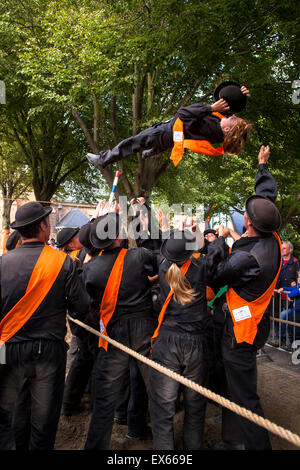 Europe, Netherlands, Zeeland, Walcheren, ring riding in Meliskerke, the rider must skewering a small ring with a lance while gal Stock Photo