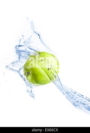 Green apple with water splash, isolated on white background Stock Photo