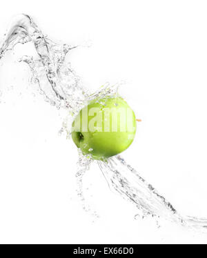 Green apple with water splash, isolated on white background Stock Photo