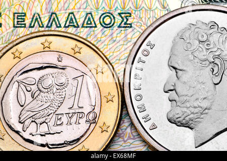 Greek currency - drachmas and Euro - Democrates on a 10dr coin Stock Photo