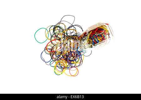 Coloured elastic rubber bands and container on white background Stock Photo